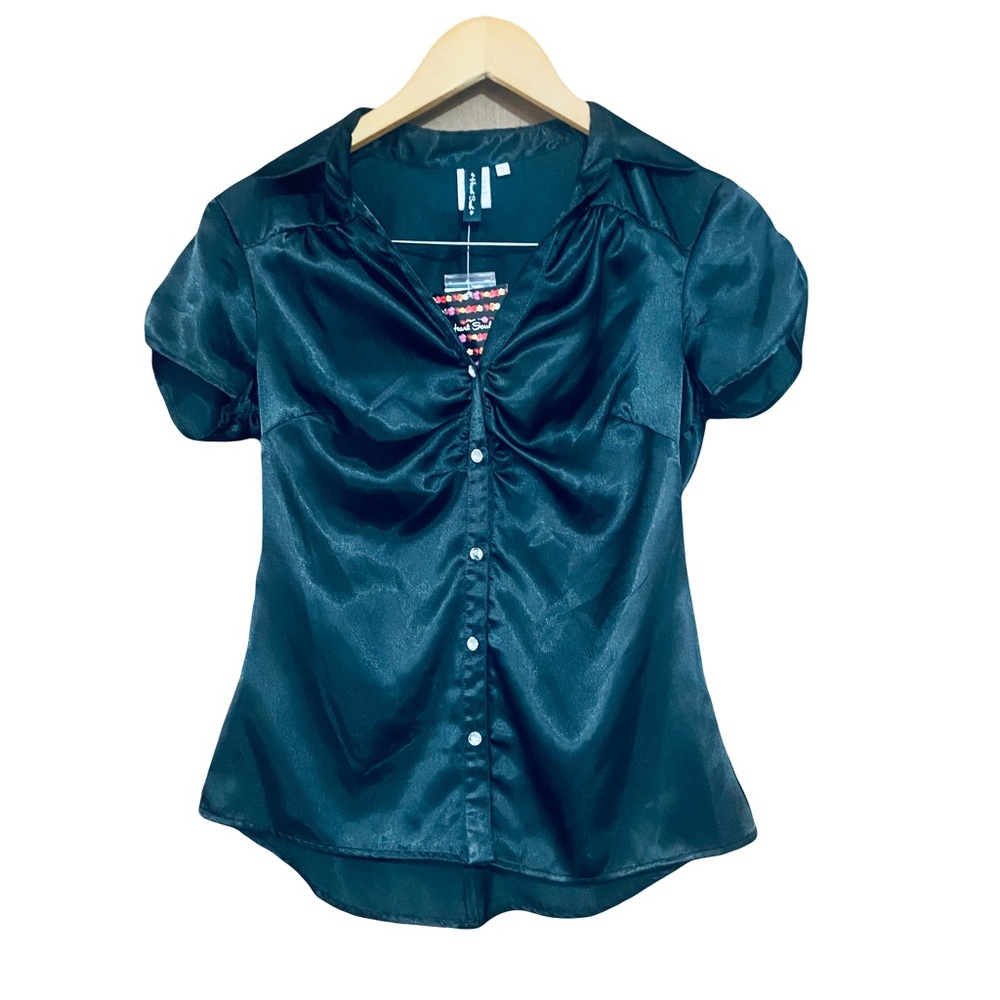Y2K Heart Soul Black Puff Sleeve Blouse with Notched Collar